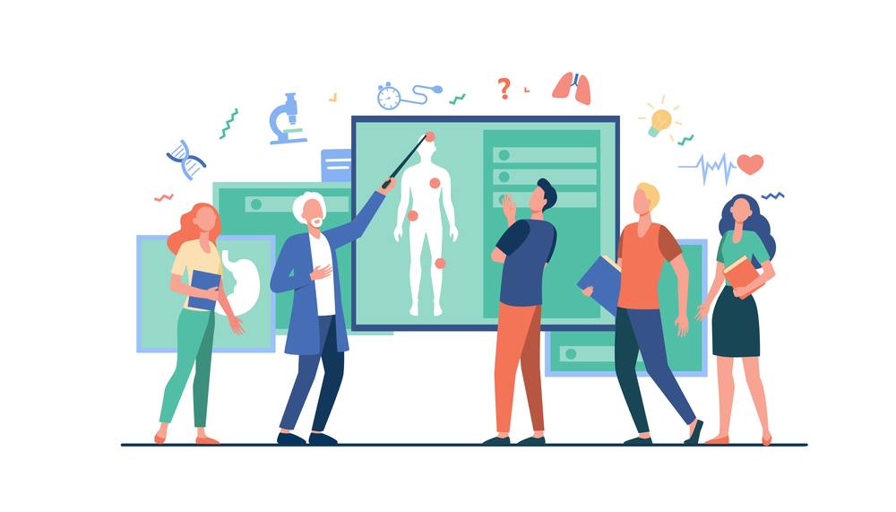 Plochá ilustrace: skupina lidí u anatomické tabule při přednášce